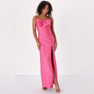 Lulu’s Pink Bow Jacquard Maxi Dress with Slit